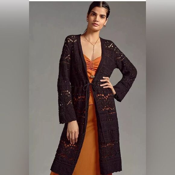 Anthropologie Pointelle Knit Black Long Tie Waist Sweater Cardigan Size L NWT - Picture 1 of 6